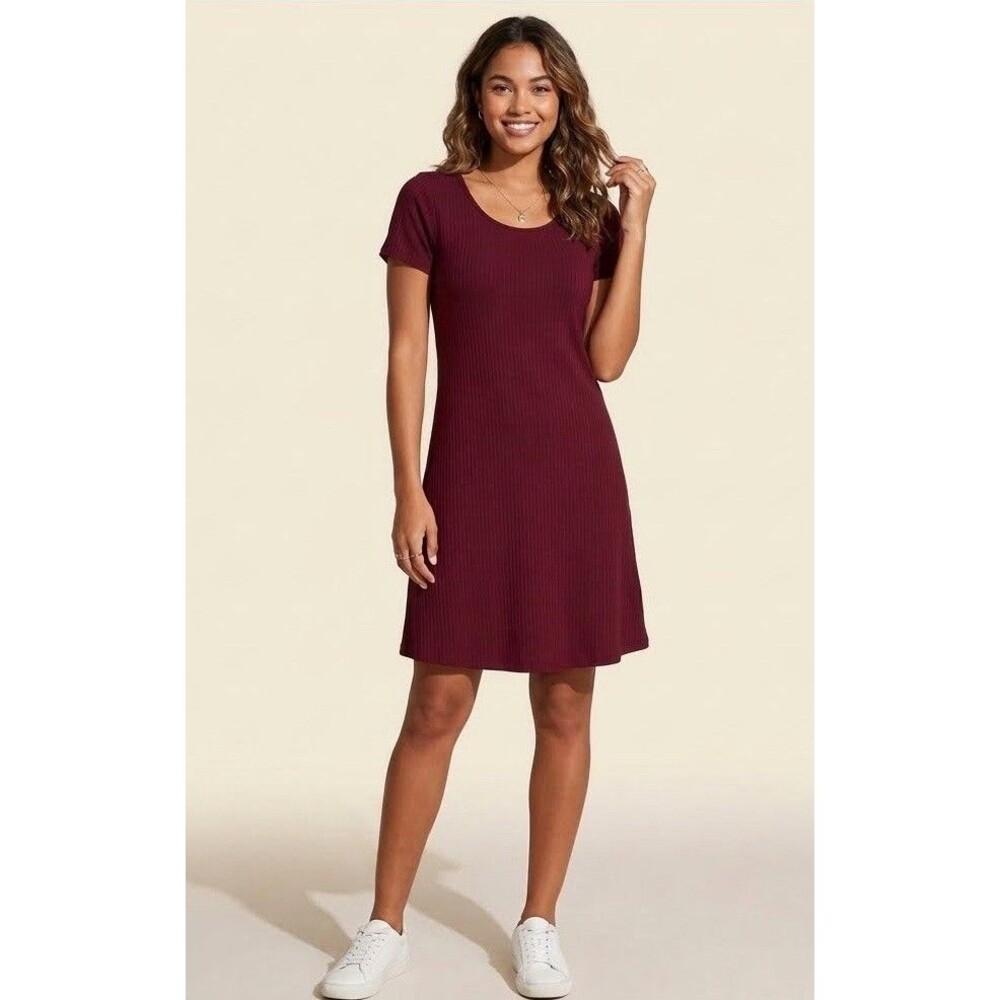 Lexington Avenue Women’s Dress Burgundry Ribbed Short Sleeve T-Shirt Shift